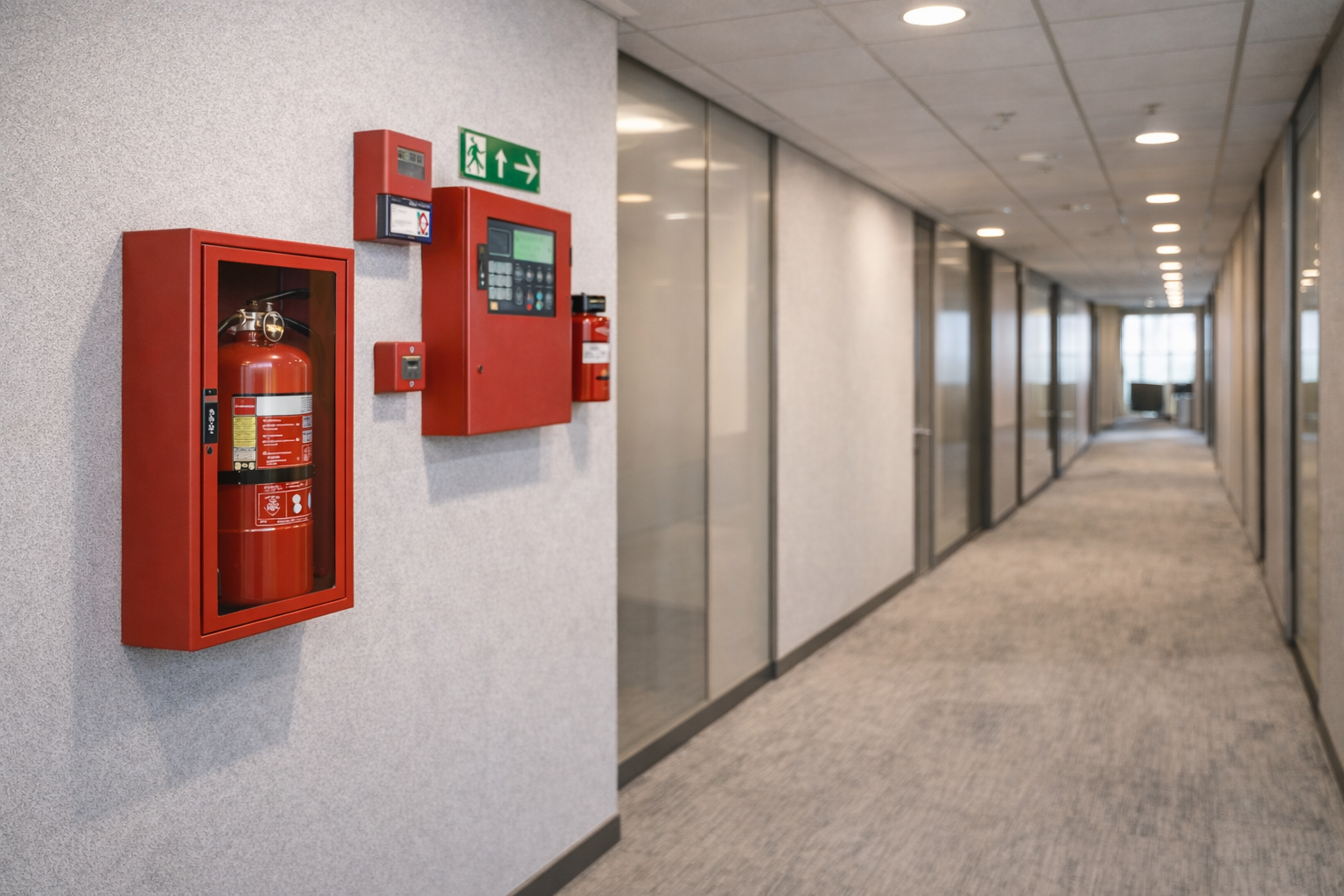Commercial building with fire safety systems installed