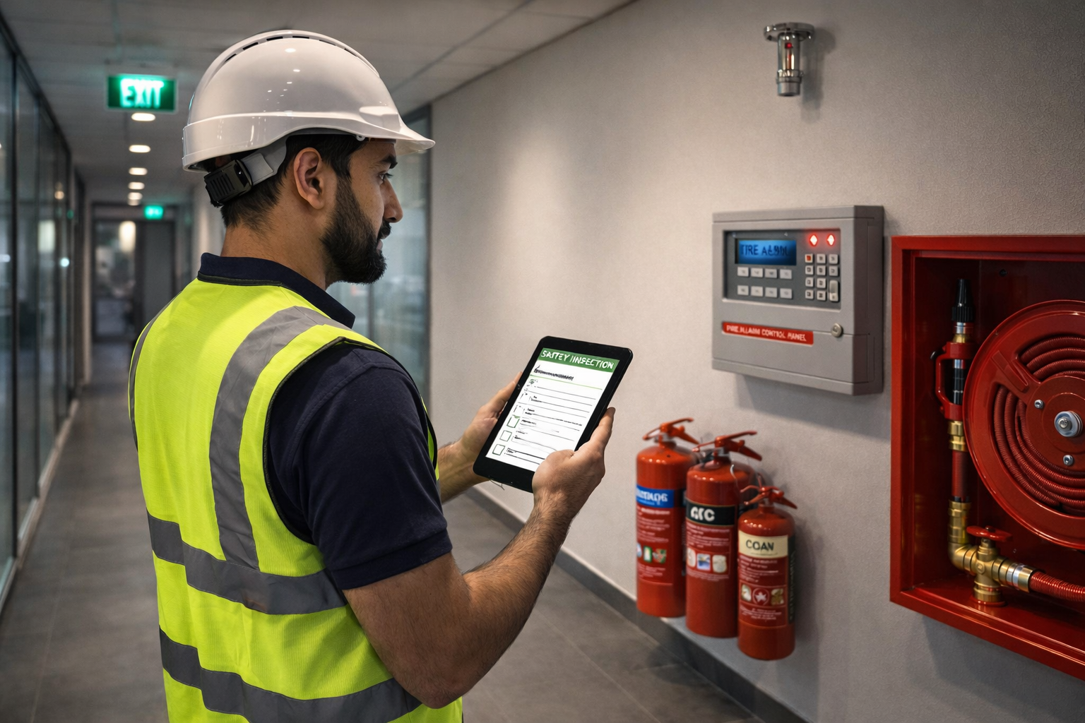 Fire safety technician inspecting alarm system and extinguishers