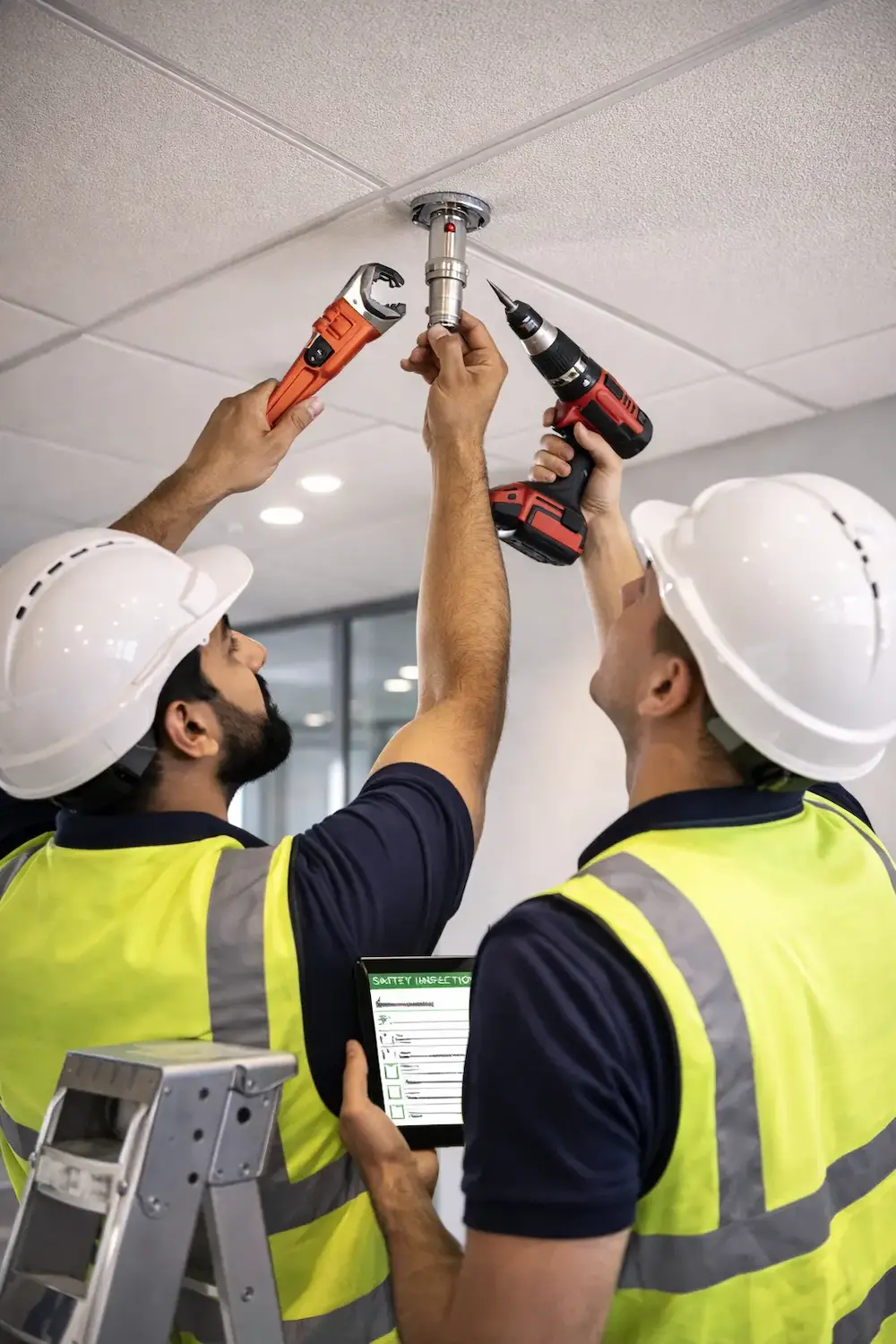 HIFAZAT fire safety technicians inspecting equipment on-site in Lahore