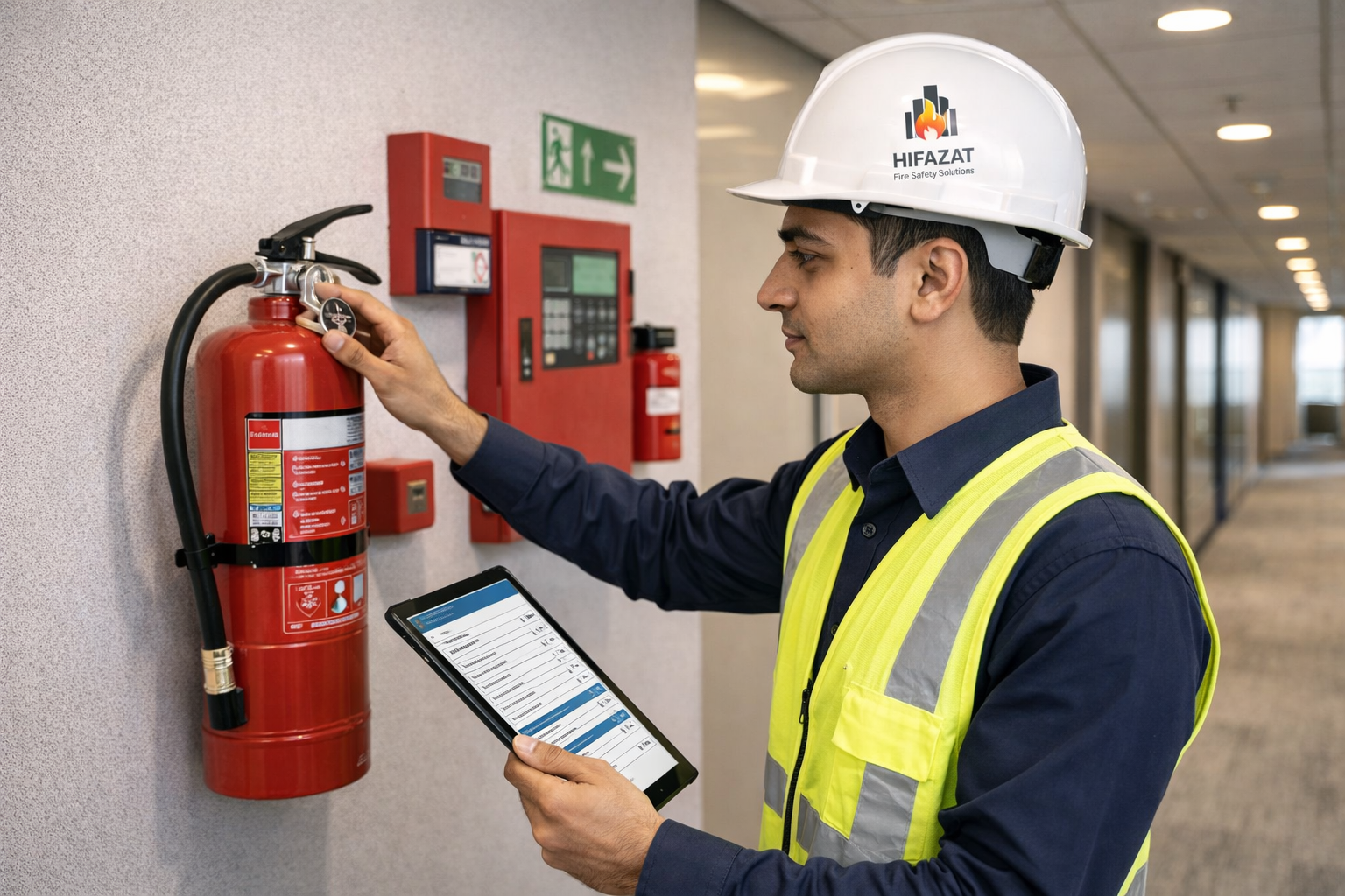 Fire safety inspector checking extinguisher and alarm equipment